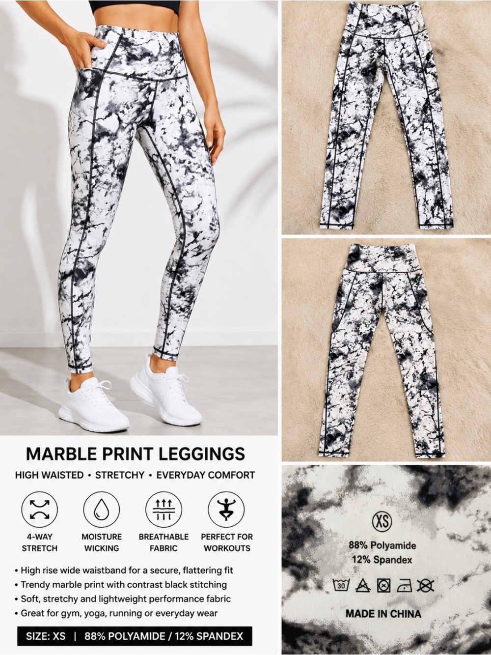 Marble Print High-Waist Leggings - White/Black
